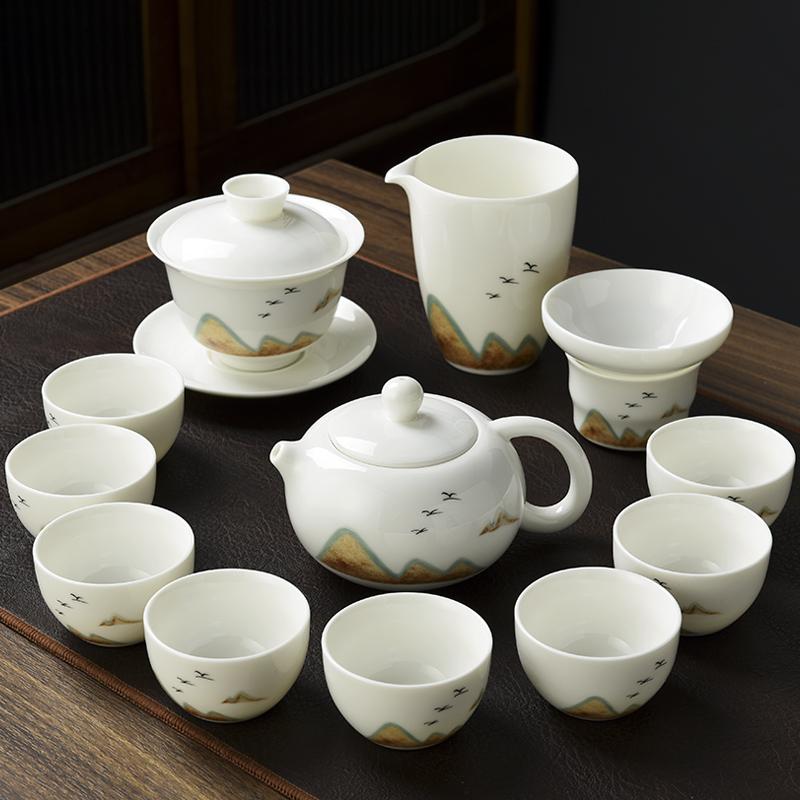 羊脂玉茶具套组高端轻奢功夫小套杯白瓷办公室家用泡茶壶盖碗茶杯