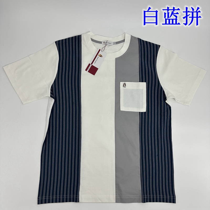 日本订单 小狗 夏季舒适棉质   竖条纹拼接 胸兜 圆领短袖T恤男款
