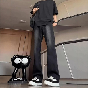 美式cleanfit黑色渐变牛仔裤男款潮牌复古痞帅显瘦直筒弯刀微喇裤