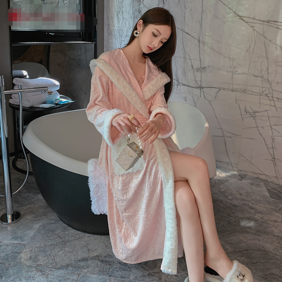 高级感玫瑰压花海岛绒睡袍女加厚连帽浴袍名媛贵妇睡衣慵懒家居服