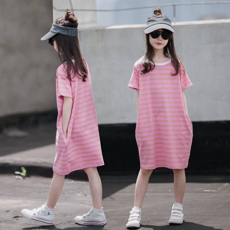 女童短袖连衣裙2026夏装儿童中长款t恤裙中大童夏季运动条纹裙子