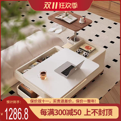 中古风客厅移动茶几小户型家用带轮子可移动升降小茶几多功能两用