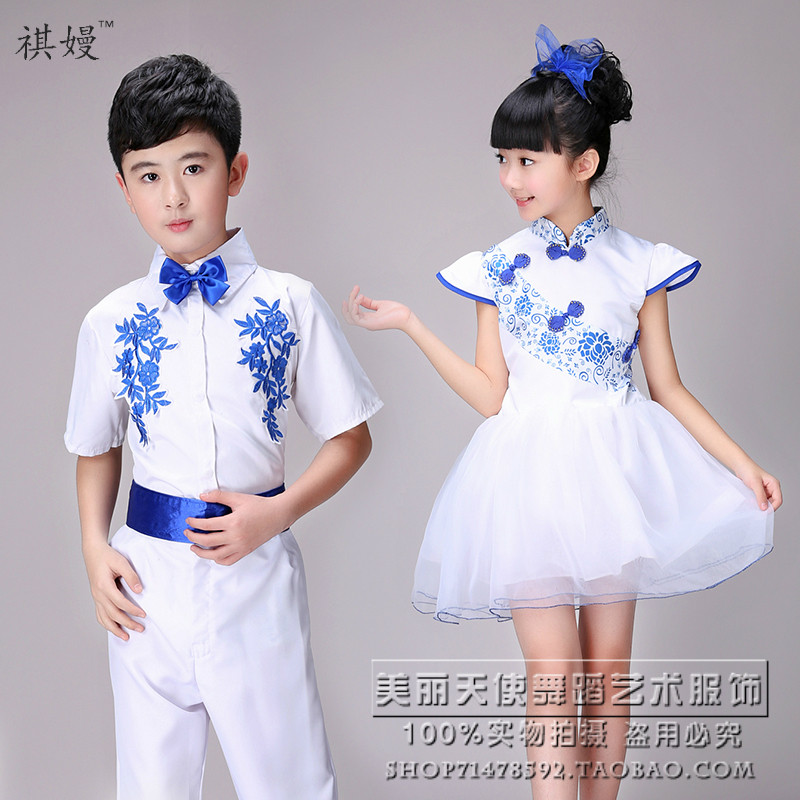 六一新款儿童表演服男女童青花瓷大合唱服中小学诗歌朗诵演出服装