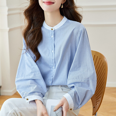 初影 蓝条纹衬衫女长袖2025秋装新款灯笼袖纯棉上衣圆领女式衬衣