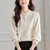 新款 2025秋装 纯棉刺绣上衣气质淑女衬衣 女长袖 初影杏色木耳领衬衫