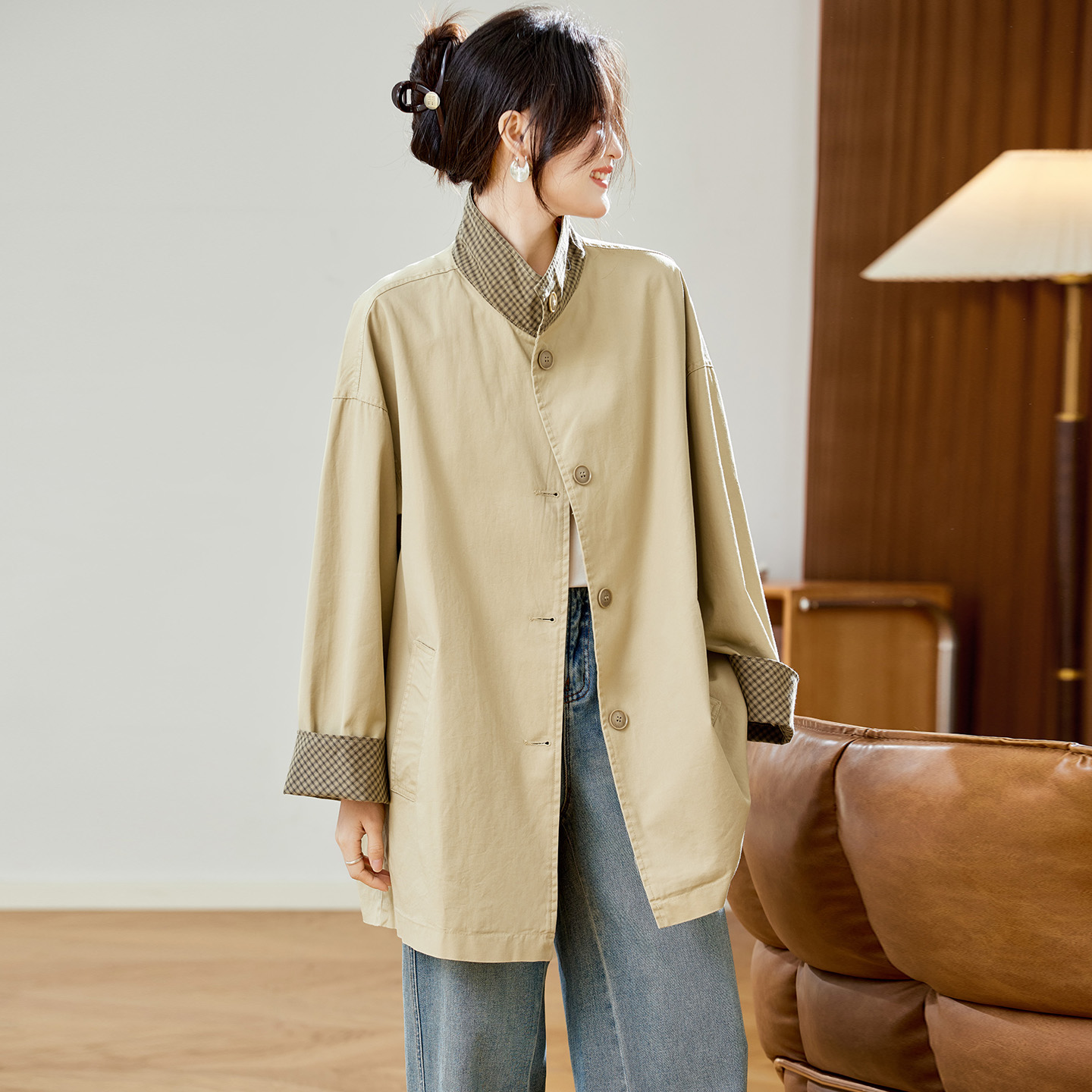 初影英伦风立领卡其风衣