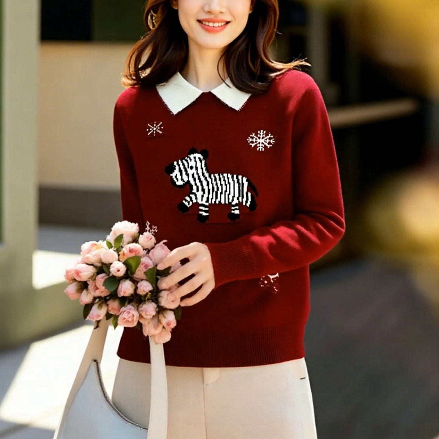 初影新年红毛衣女2025秋冬装新款潮趣小马提花针织衫圆领套头上衣,女装/女士精品,毛针织衫,淘宝优惠券,粉丝福利购,淘宝优惠卷