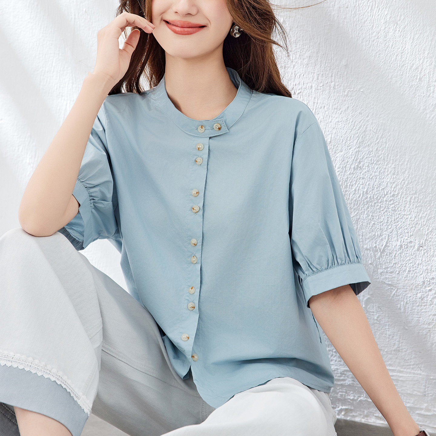 初影 纯棉衬衫女短袖2025夏季新款圆领上衣宽松显瘦韩版休闲衬衣