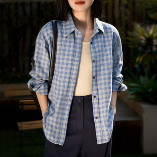 初影磨毛加厚蓝格子衬衫女长袖2026春装新款文艺复古上衣纯棉衬衣