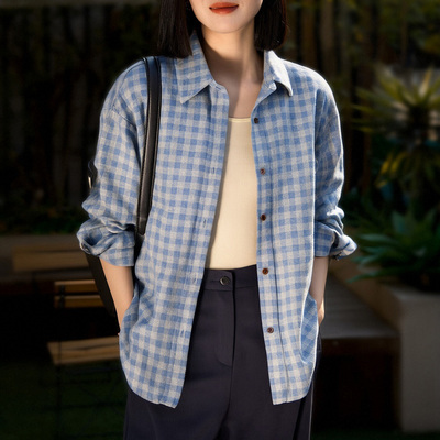 初影复古蓝格子长袖衬衫女春秋