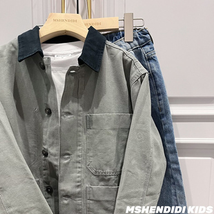 韩国童装2025年后出货春秋领口拼接撞色牛仔外套男童宽松夹克上衣