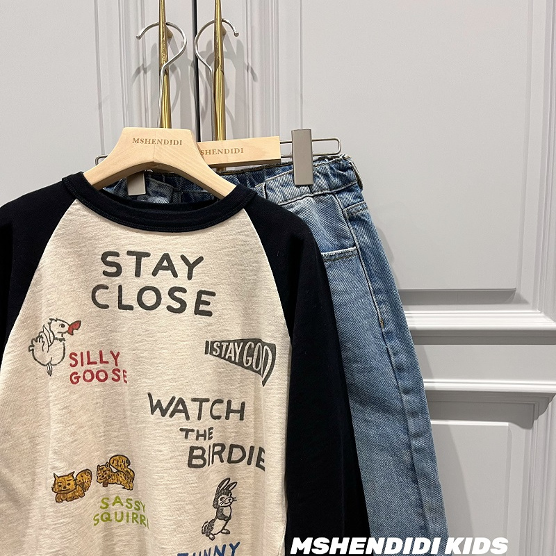 日系 童装 2025春夏男女童棉质针织小动物印花长袖T恤宝宝插肩袖