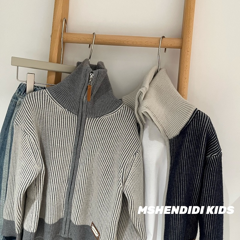 韩国童装半高领毛衣 男女童气质童装 儿童秋冬开衫外套拼色针织衫