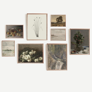 北欧艺术复古装饰画画芯古典艺术风景乡村田园风格挂画内芯静物画