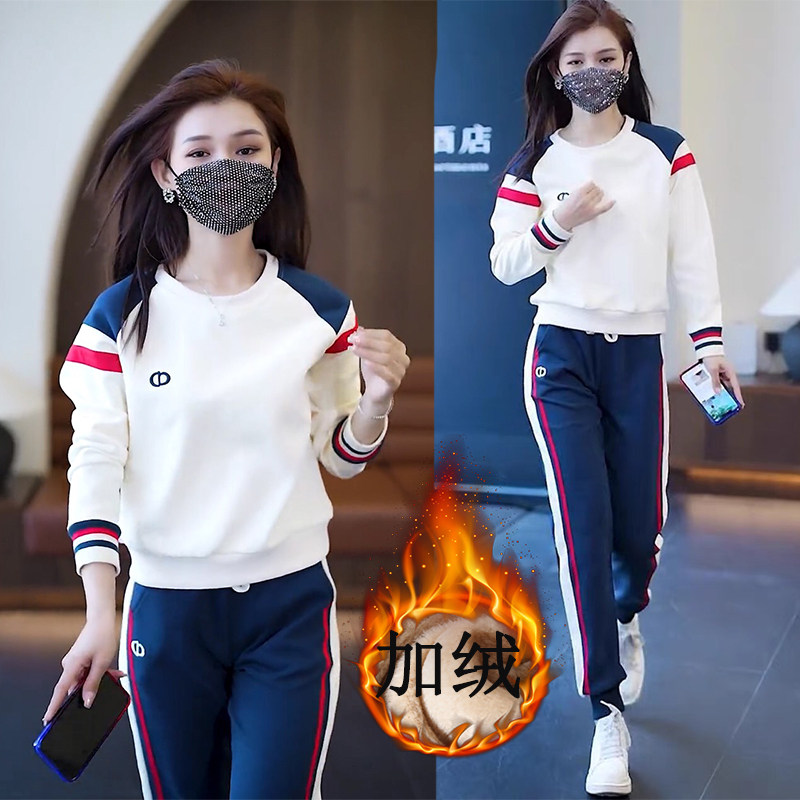 여성 가을 겨울 2023 새로운 유행 기질 플러스 벨벳 두꺼운 스웨트 셔츠 2 피스 세트 유행을위한 세련된 캐주얼 스포츠 정장