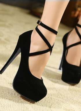 14cm绒面交叉带 CDTS变装性感大码高跟鞋女单鞋模特鞋35-46码黑色
