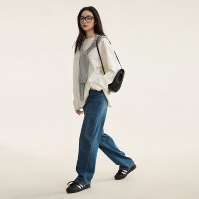 高腰窄版直筒牛仔裤女