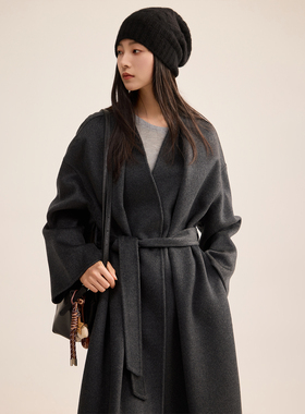 芙蕖FUXU 14.42微米100%山羊绒！灰色双面呢ROW风V领长款浴袍大衣