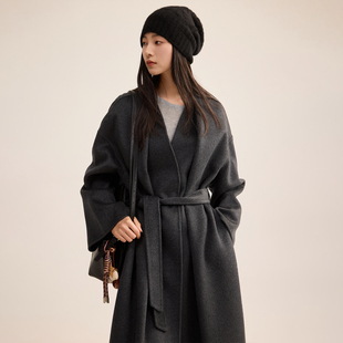 芙蕖FUXU 14.42微米100%山羊绒!灰色双面呢ROW风V领长款浴袍大衣