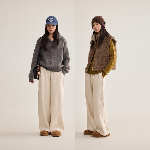 加绒加厚松紧腰针织阔腿裤女