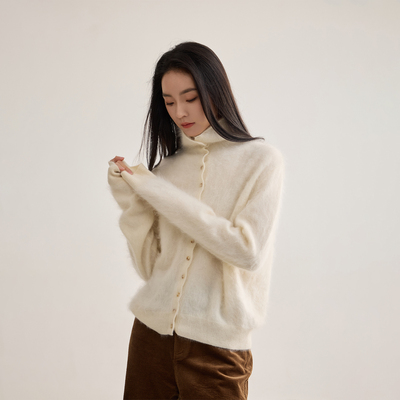 山羊绒羊毛拉毛小高领开衫