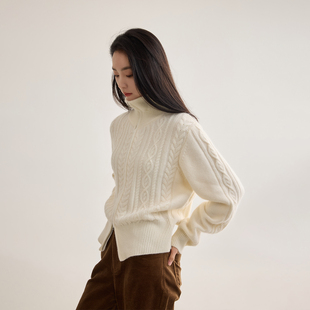 芙蕖FUXU 山羊绒/浣熊毛/绵羊毛 绞花毛衣加厚立领双拉链针织开衫