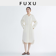 芙蕖FUXU 法式休闲慵懒白色长袖连衣裙V领收腰显瘦简约中长裙子女
