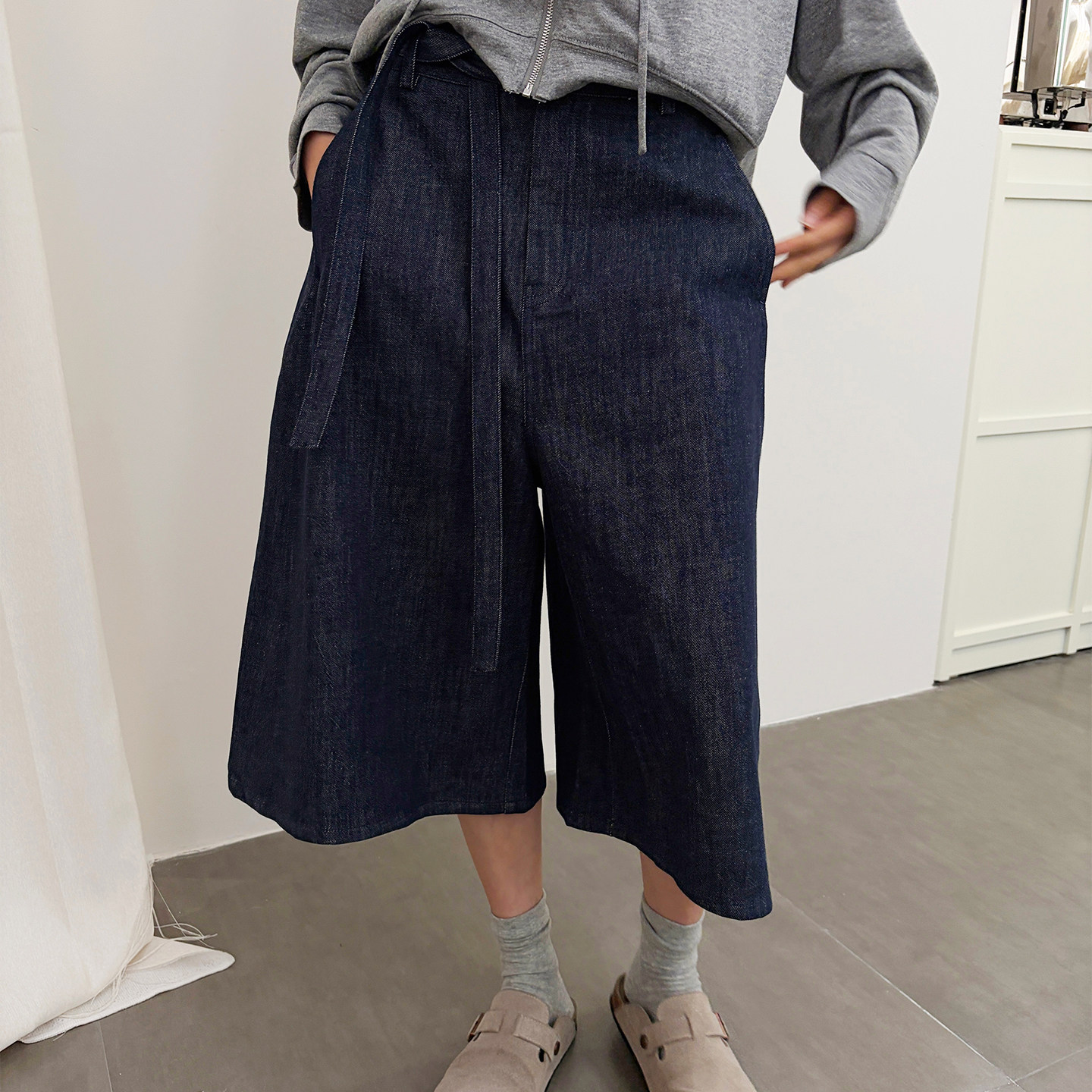 芙蕖FUXU 百搭休闲裤女春夏高腰显瘦工装直筒阔腿牛仔七分裤中裤