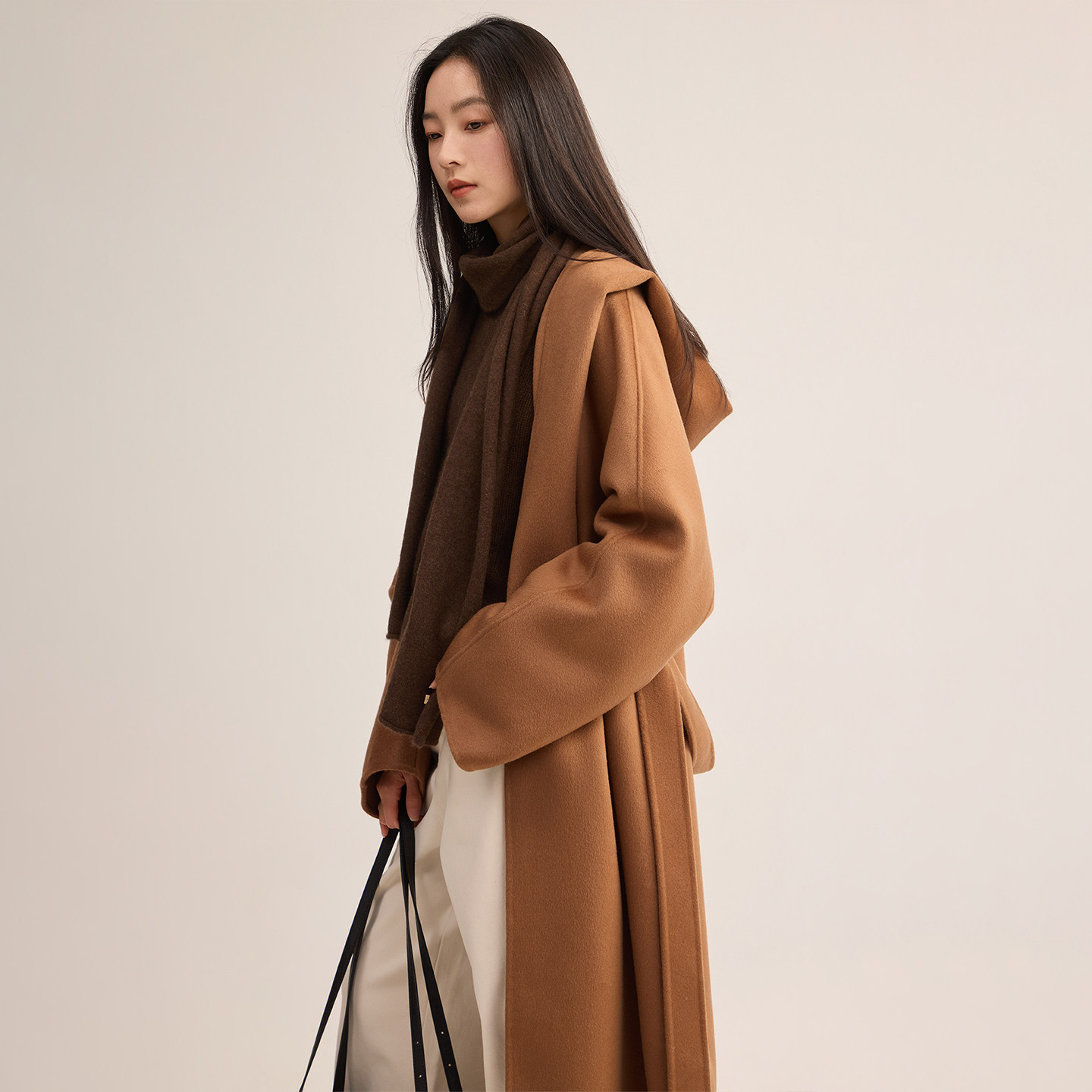 芙蕖FUXU  14.42微米100%山羊绒！连帽中长款系带毛呢外套大衣女