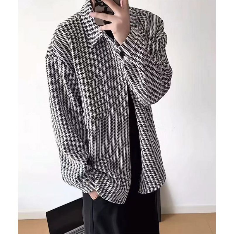日系复古条纹长袖衬衫男春秋季潮流韩版青年宽松百搭休闲衬衣外套