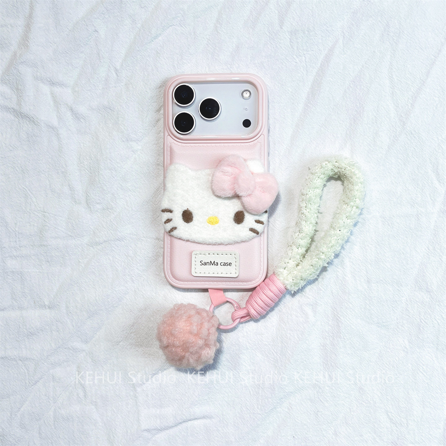 鼓包毛绒KT蝴蝶结适用苹果17PROMAX手机壳女款16可爱15
