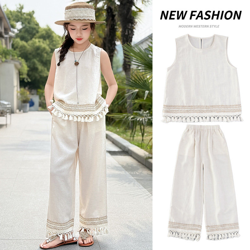 度假风流苏两件套女童夏季中大童无袖上衣阔腿裤休闲套装