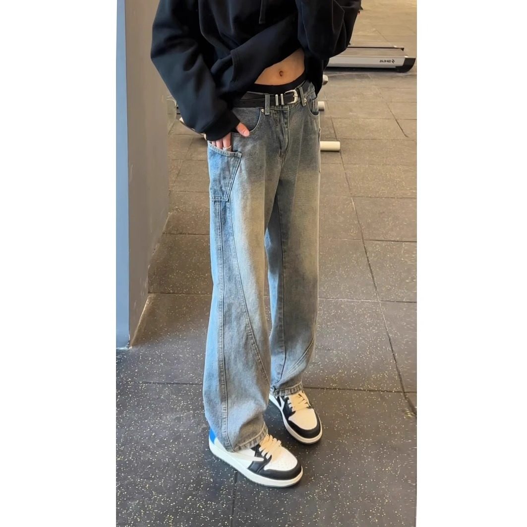 cleanfit蓝色拼接弯刀牛仔裤男款美式高街vibe裤子直筒微喇工装裤