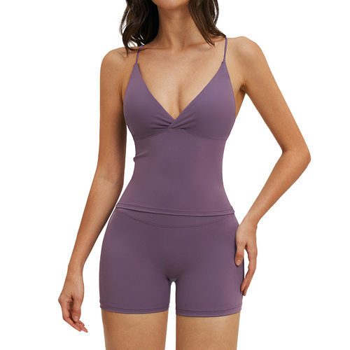 瑜伽套装裸感细肩带运动背心带胸垫健身短裤瑜伽裤