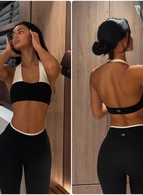 *csb 拼接撞色挂脖运动内衣健身文胸美背带胸垫蜜桃裤 y 标