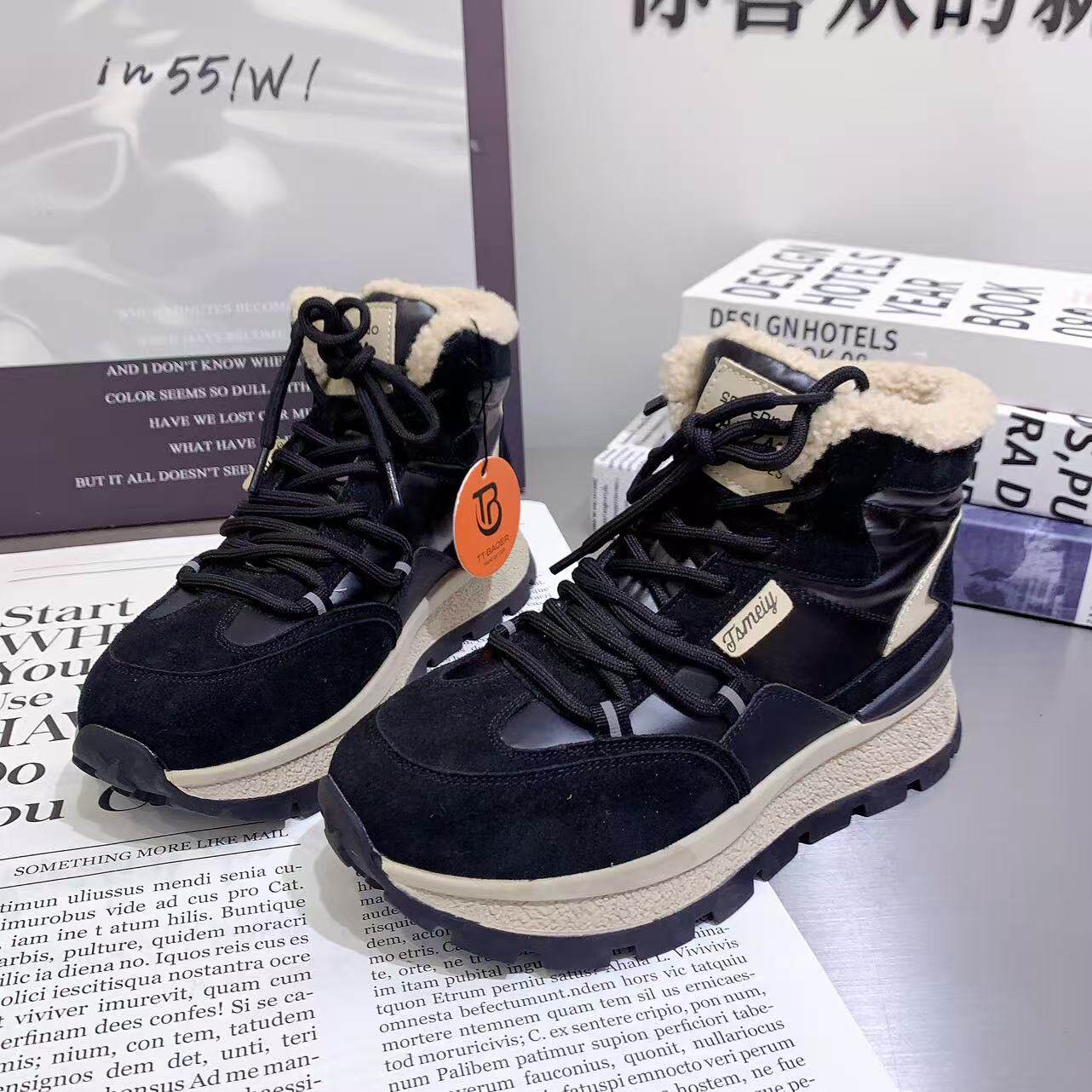 厚底松糕高帮鞋女2026冬季新款系带大棉防滑百搭休闲鞋运动雪地靴