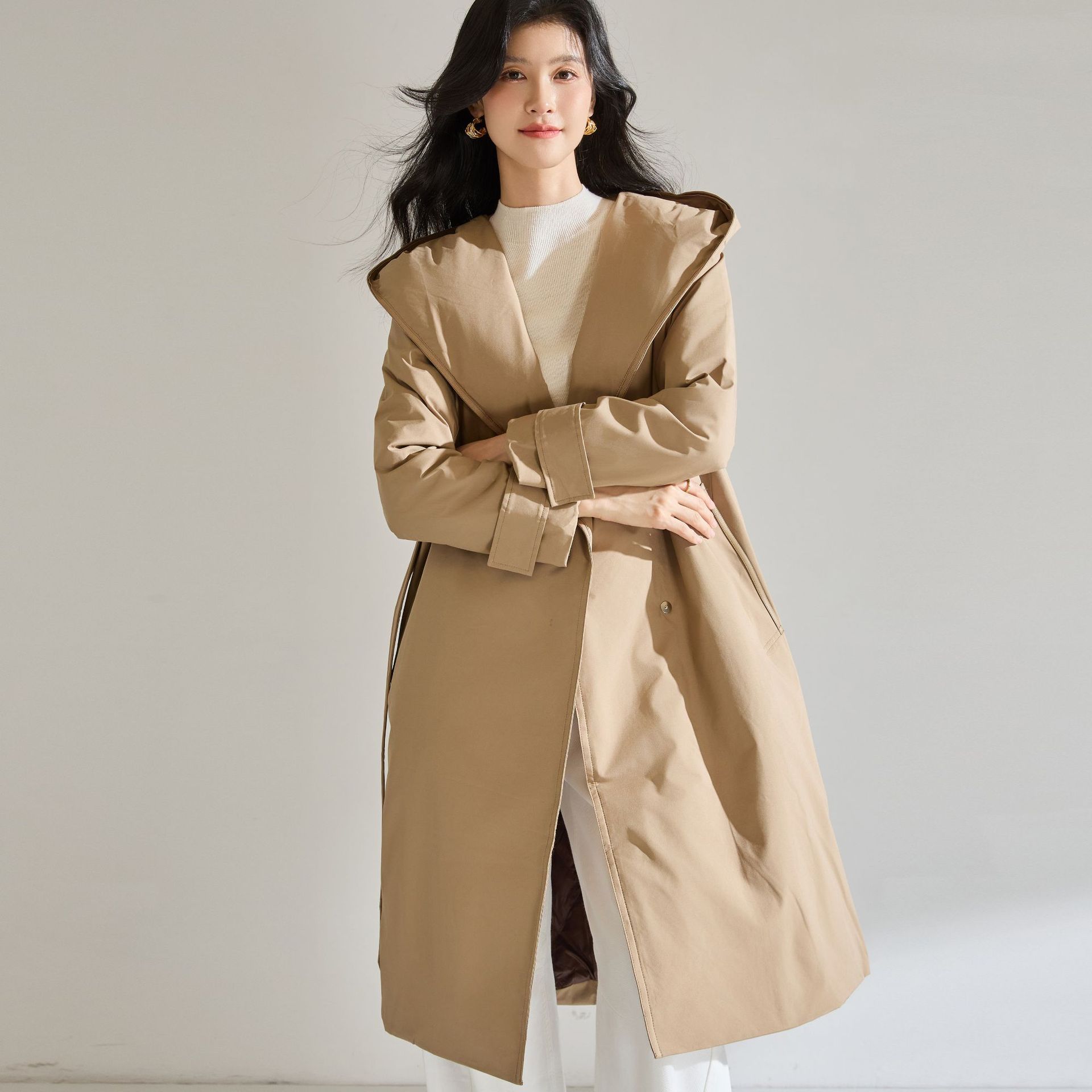 25冬新风衣式白鹅绒服腰带收腰显瘦保暖宽松长款连帽羽绒服22713