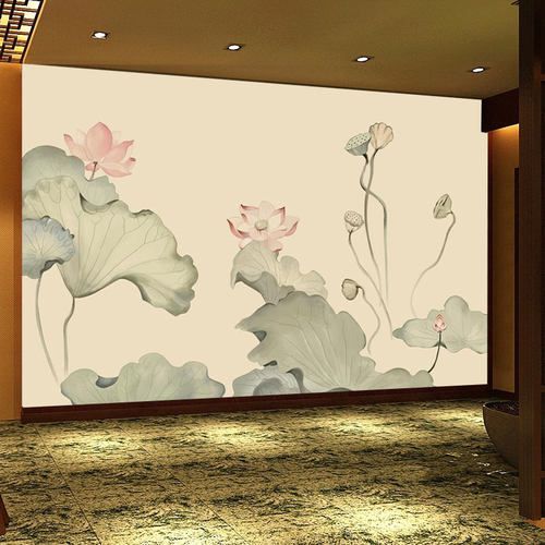 禅意莲花墙纸佛堂背装饰壁画