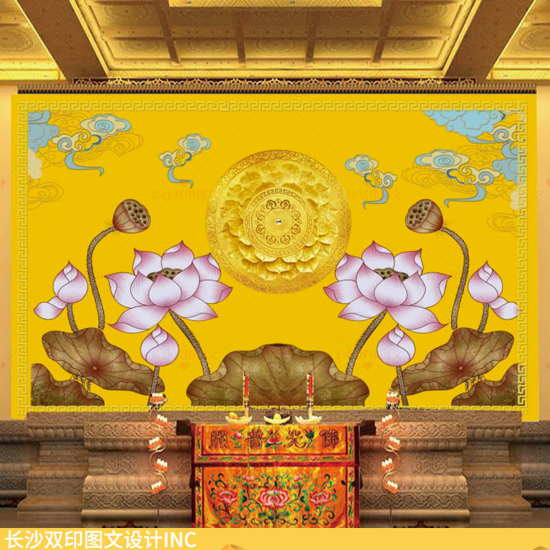 古典莲花圆形图墙纸佛堂背景壁画