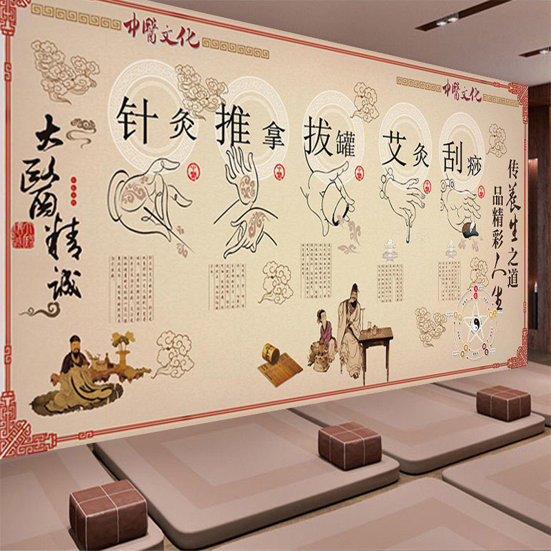 养生馆壁纸大医精诚理疗壁画美容院针灸推拿艾灸养生之道背景墙纸