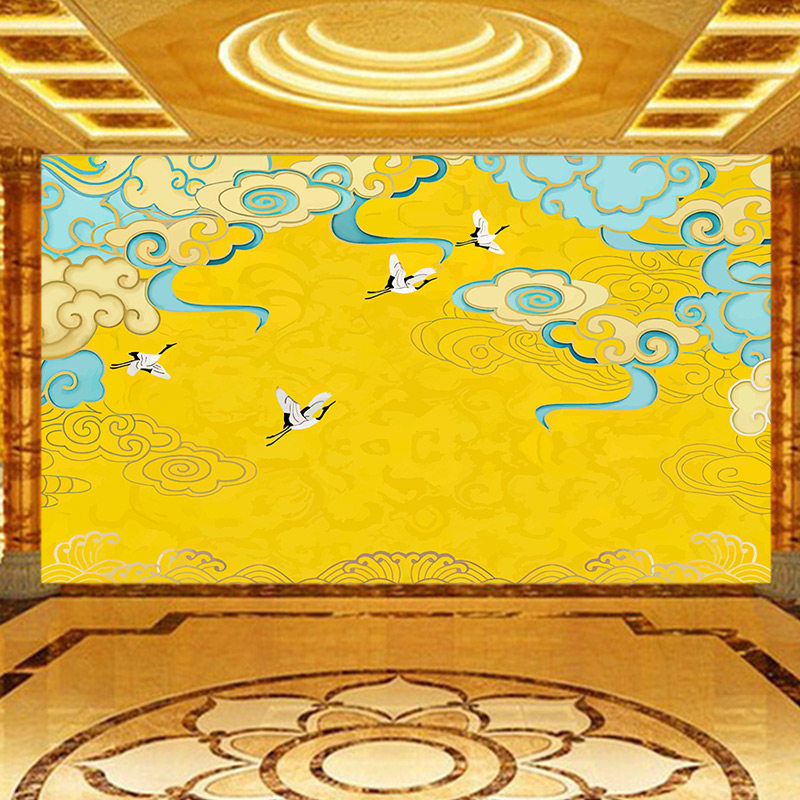 九霄云鹤墙纸新中式花纹佛堂寺庙酒店餐厅会馆养生道祥云仙鹤壁纸