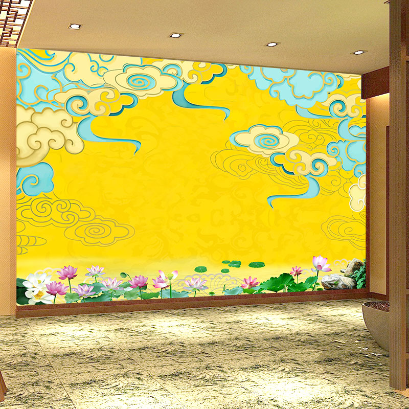 祥云飘带墙纸荷叶水纹莲花壁画布