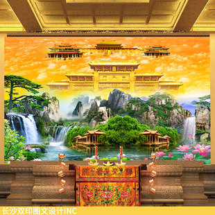 南天门山水仙境墙纸佛道仙堂背景墙布风景图松树荷叶瀑布莲花壁画