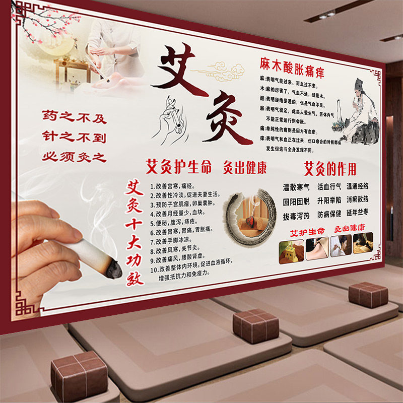 艾灸的作用图文知识墙纸中医馆养生理疗背景广告装饰画艾功效壁纸,家装主材,定制壁画,淘宝优惠券,粉丝福利购,淘宝优惠卷