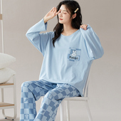 胖mm200斤宽松休闲可外穿家居服套装 睡衣女春秋长袖 纯棉套头大码