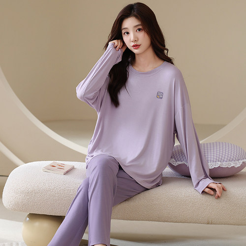 睡衣女春秋莫代尔长袖纯色加肥大码200斤百搭简约圆领家居服套装
