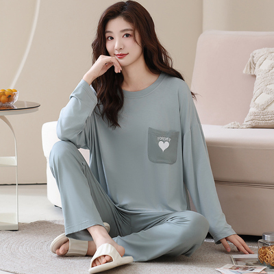 简约莫代尔睡衣女加大码秋季长袖长裤宽松胖MM200斤家居服女套装