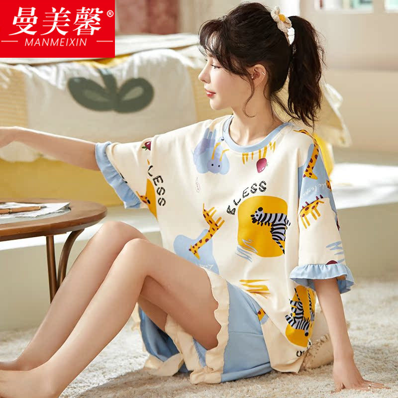 睡衣女夏季纯棉短袖短裤套装图片