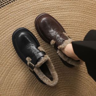 34-43码大码女鞋~格子加绒勃肯鞋女冬季保暖一脚蹬毛毛鞋防滑棉鞋