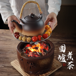 潮州陶瓷壶围炉煮茶炭炉取暖木炭老式火炉陶土泥炉明火泡茶烧水壶